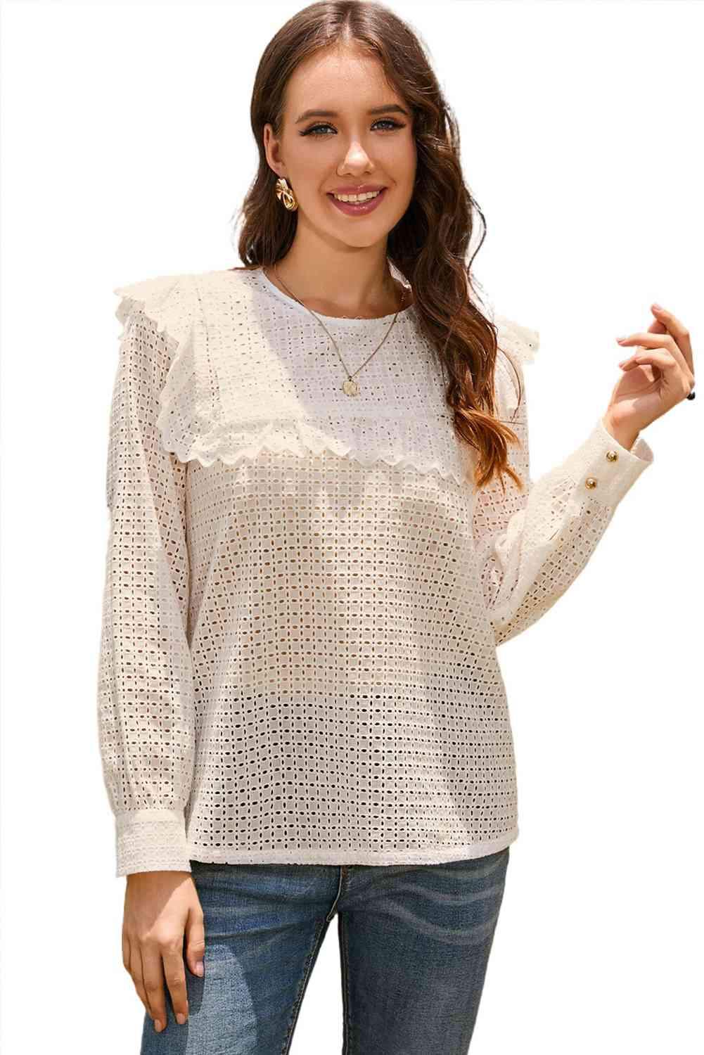 Double Take Ruffled Round Neck Eyelet Blouse Blouses - Tophatter Daily Deals