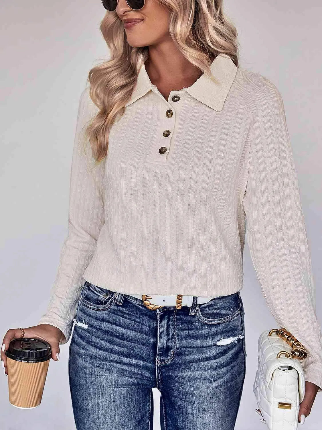 Collared Neck Buttoned Long Sleeve Top Blouses - Tophatter Daily Deals