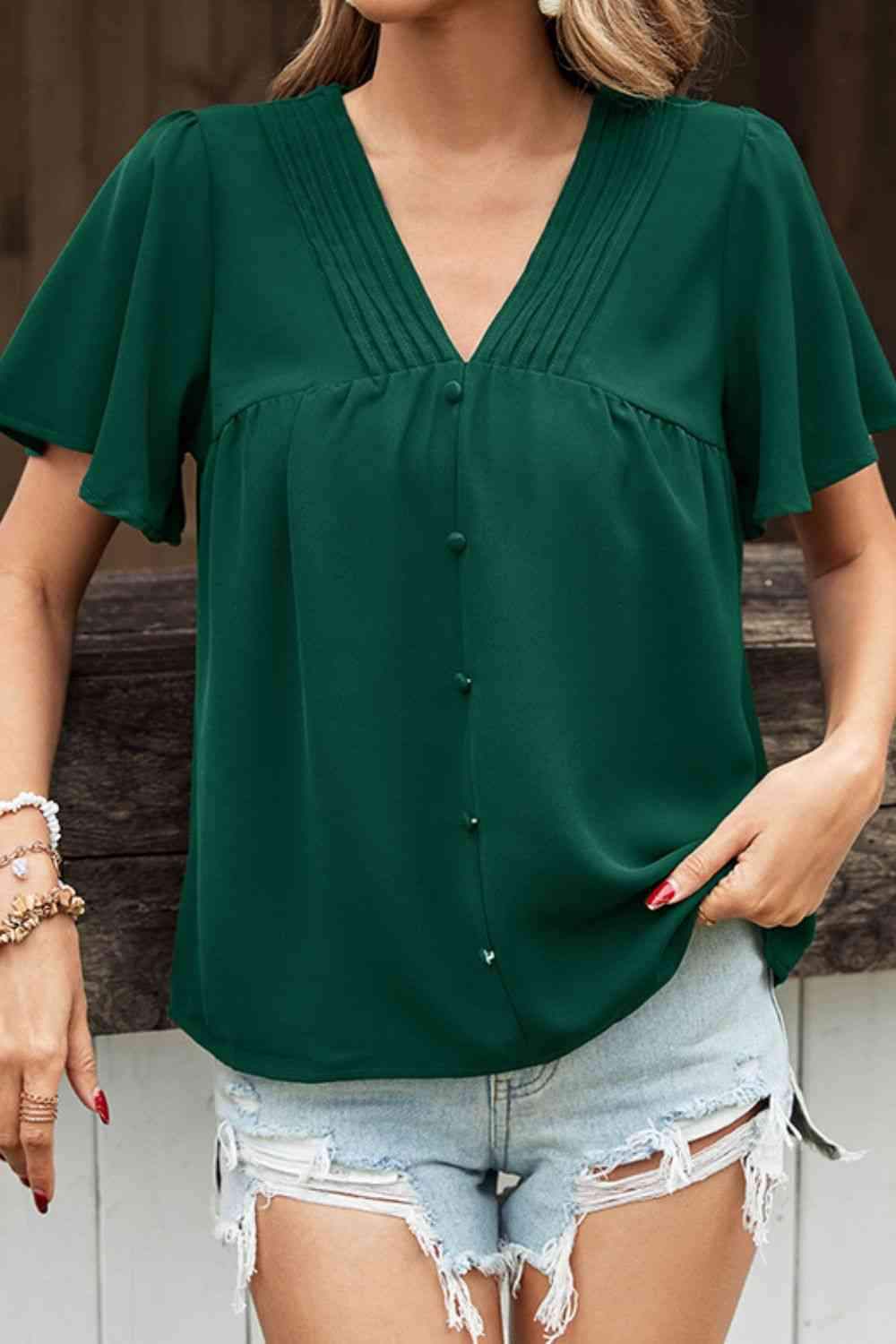 Buttoned Flutter Sleeve V-Neck Blouse Blouses - Tophatter Daily Deals