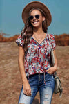 Floral Flutter Sleeve Tie-Neck Blouse Deep Red Blouses - Tophatter Daily Deals