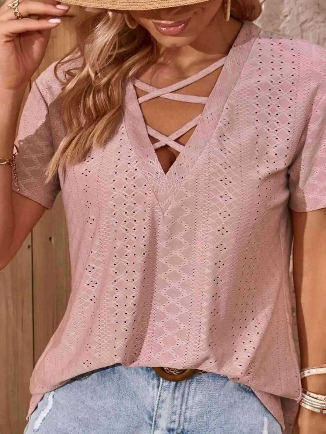 Crisscross V-Neck Eyelet Top Women's T-Shirts - Tophatter Daily Deals