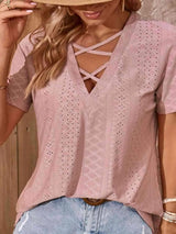 Crisscross V-Neck Eyelet Top Women's T-Shirts - Tophatter Daily Deals