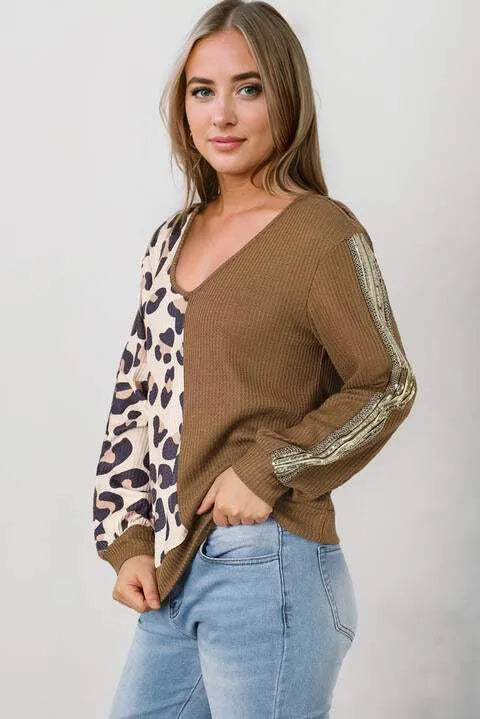 Leopard V-Neck Waffle-Knit Top Blouses - Tophatter Daily Deals