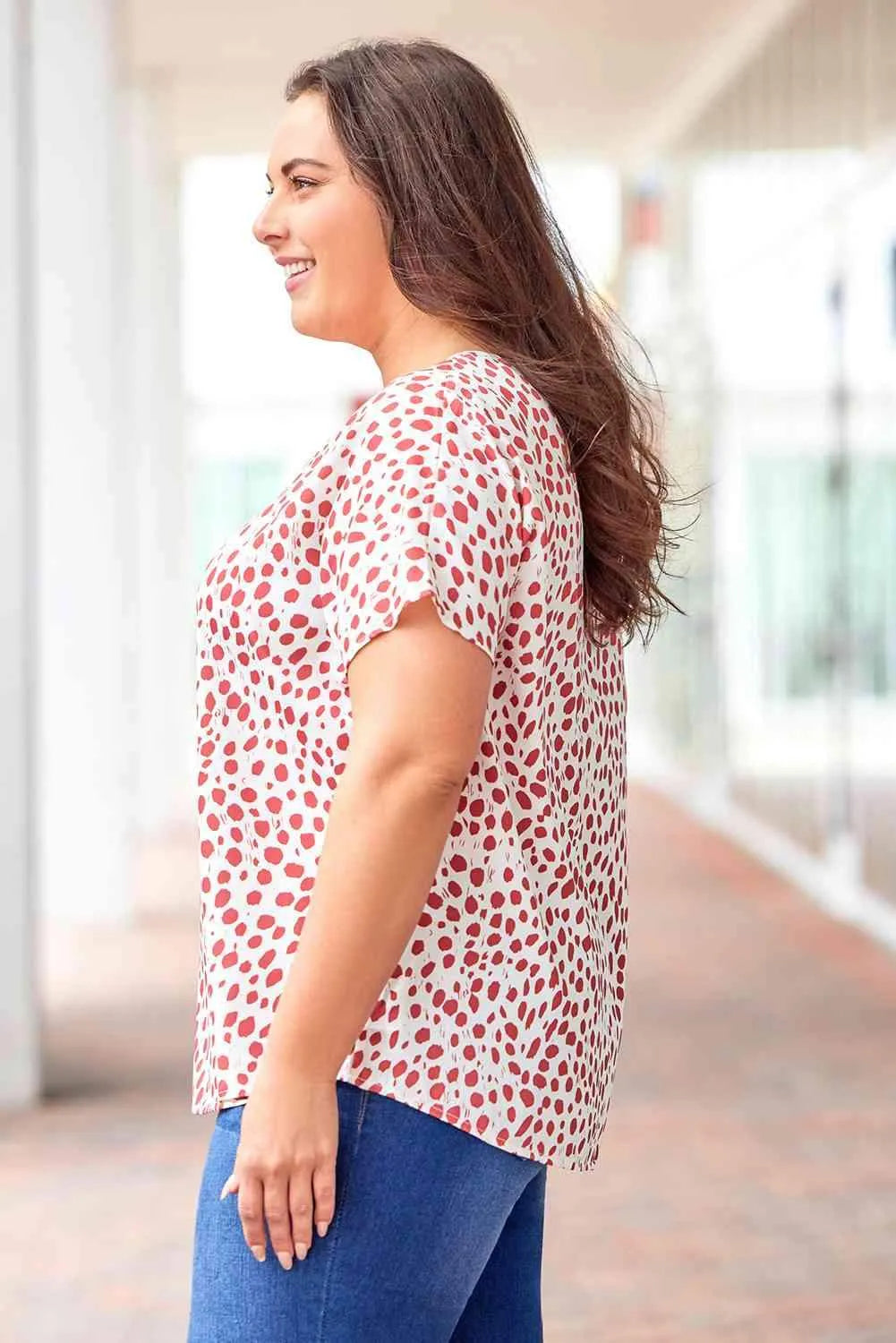 Plus Size Printed V-Neck Short Sleeve Blouse Blouses - Tophatter Daily Deals