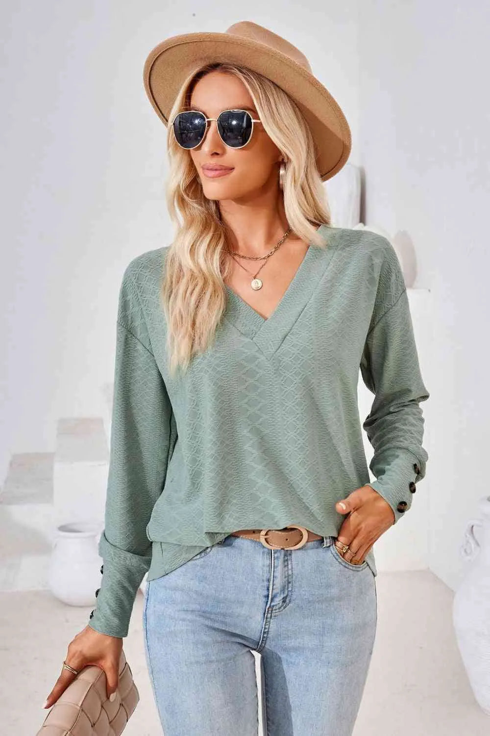 V-Neck Long Sleeve Blouse Sage Blouses - Tophatter Daily Deals