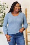 Double Take Ribbed Round Neck Lantern Sleeve Blouse Dusty Blue Blouses - Tophatter Daily Deals