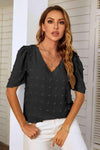 Swiss Dot V-Neck Puff Sleeve Blouse Blouses - Tophatter Daily Deals