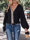 Contrast V-Neck Long Sleeve Blouse Blouses - Tophatter Daily Deals