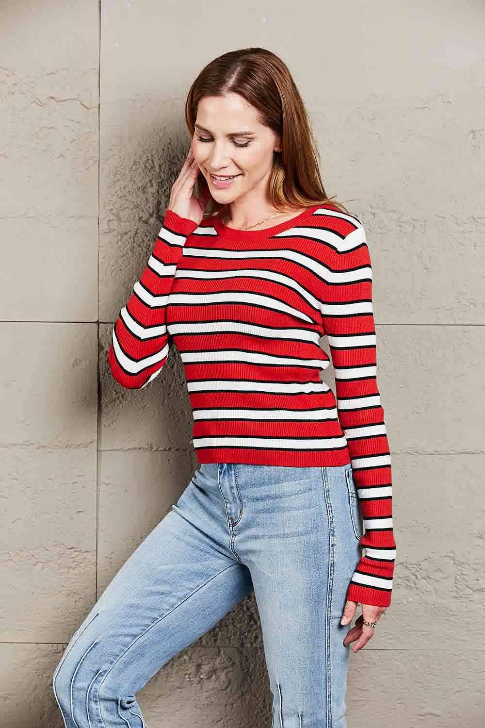 Double Take Striped Round Neck Long Sleeve Top Blouses - Tophatter Daily Deals