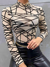 Geometric Mock Neck Long Sleeve Top Beige Blouses - Tophatter Daily Deals