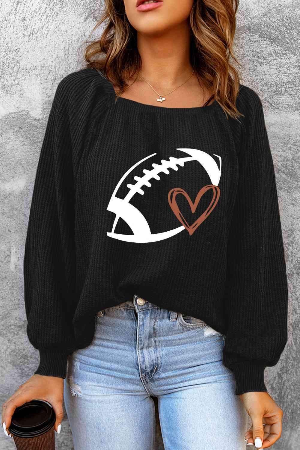 Football Graphic Ribbed Top Black Blouses - Tophatter Daily Deals