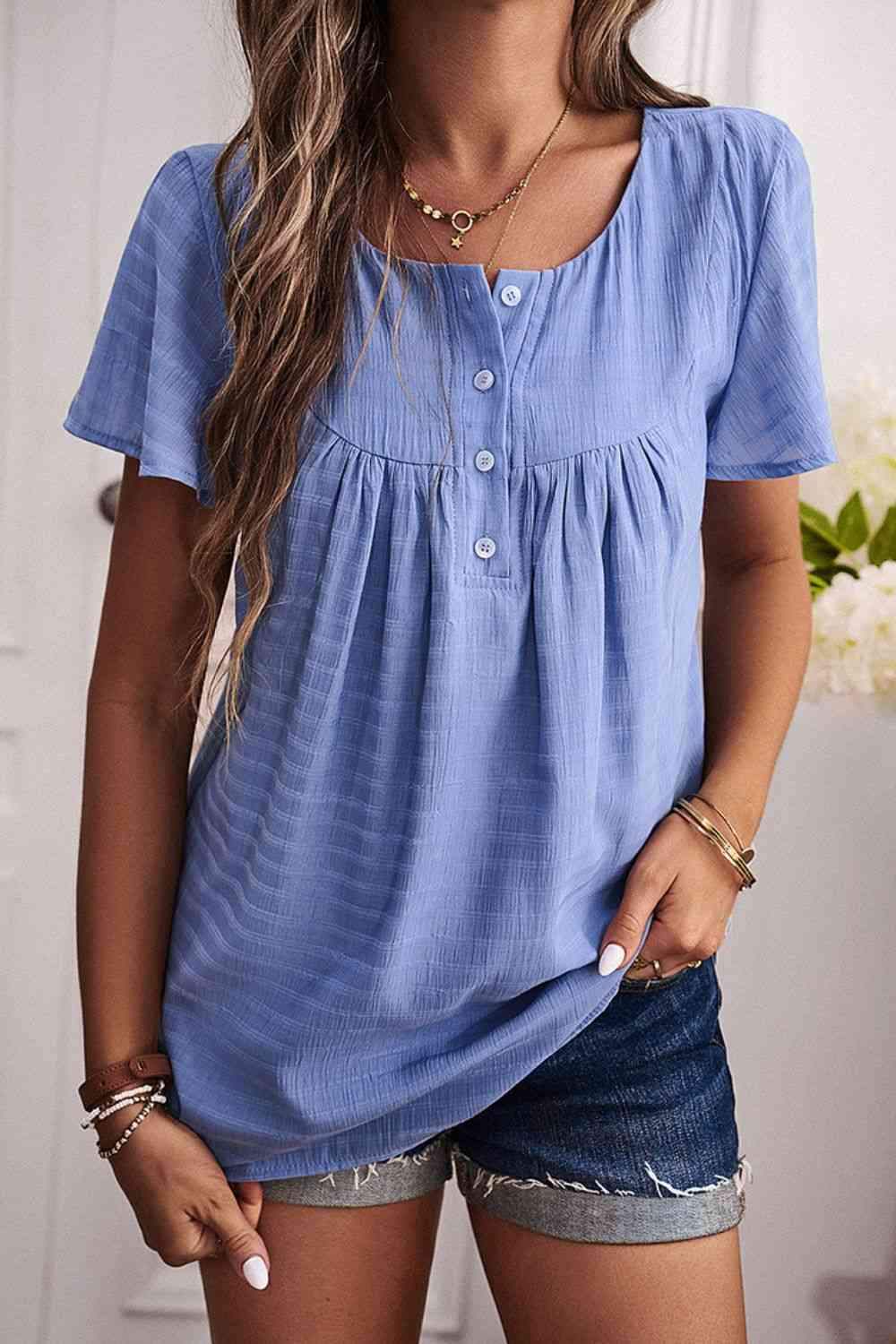 Quarter-Button Round Neck Short Sleeve Top Blouses - Tophatter Daily Deals