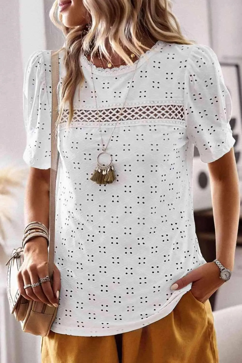 Spliced Lace Short Puff Sleeve Top Blouses - Tophatter Daily Deals