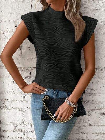 Mock Neck Cap Sleeve T-Shirt Black Women's T-Shirts - Tophatter Daily Deals