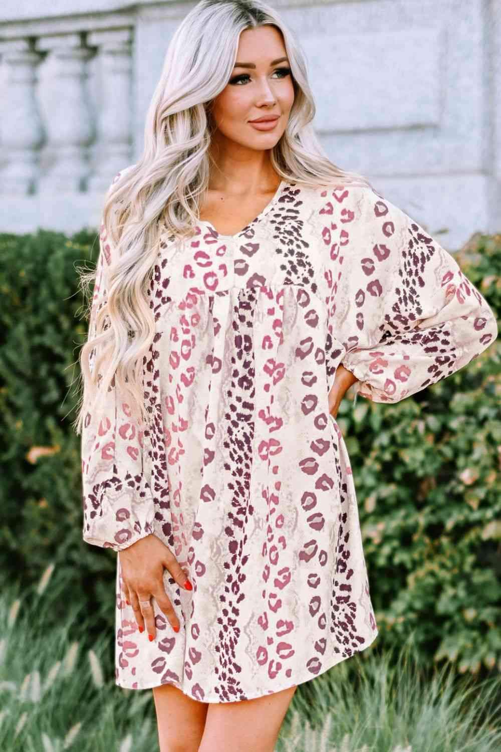 Leopard V-Neck Balloon Sleeve Babydoll Dress Blouses - Tophatter Daily Deals