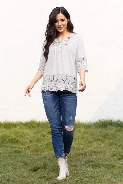 Tie Neck Lace Detail Half Sleeve Blouse White Blouses - Tophatter Daily Deals