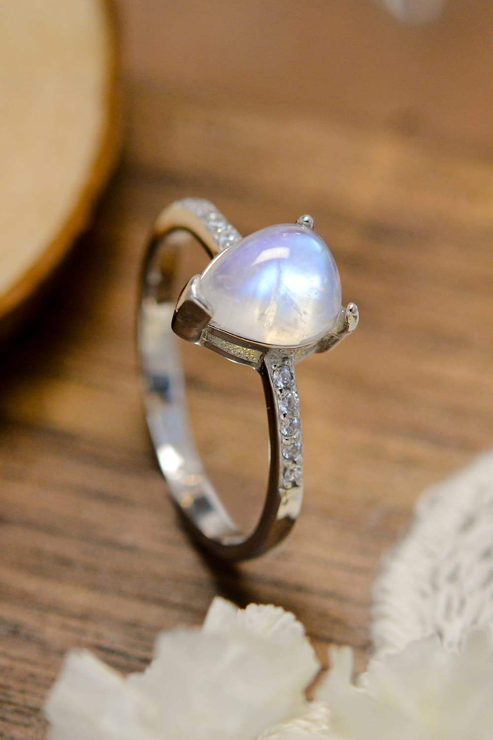 High Quality Natural Moonstone Teardrop Side Stone Ring Silver Moonstone - Tophatter Daily Deals