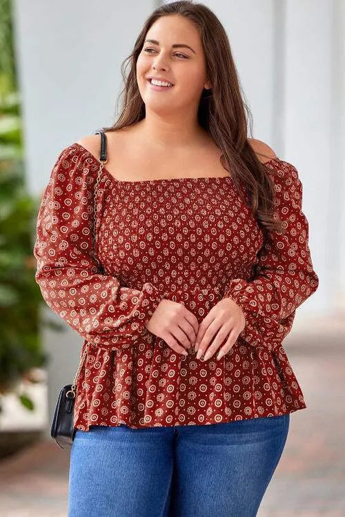 Plus Size Square Neck Balloon Sleeve Peplum Blouse Brick Red Blouses - Tophatter Daily Deals
