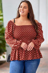 Plus Size Square Neck Balloon Sleeve Peplum Blouse Brick Red Blouses - Tophatter Daily Deals