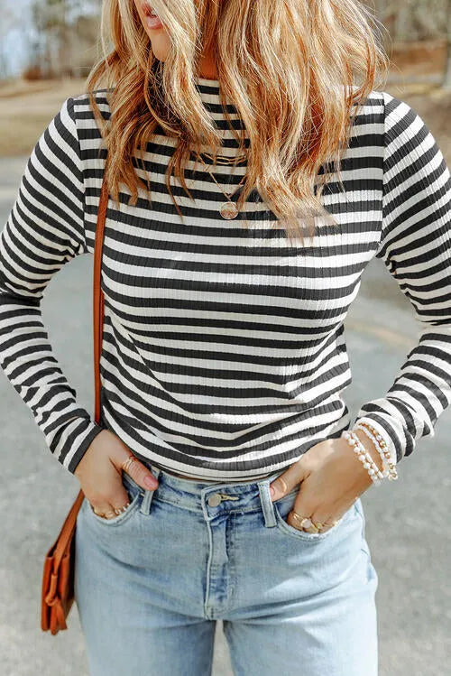 Double Take Striped Mock Neck Long Sleeve Top Black Blouses - Tophatter Daily Deals