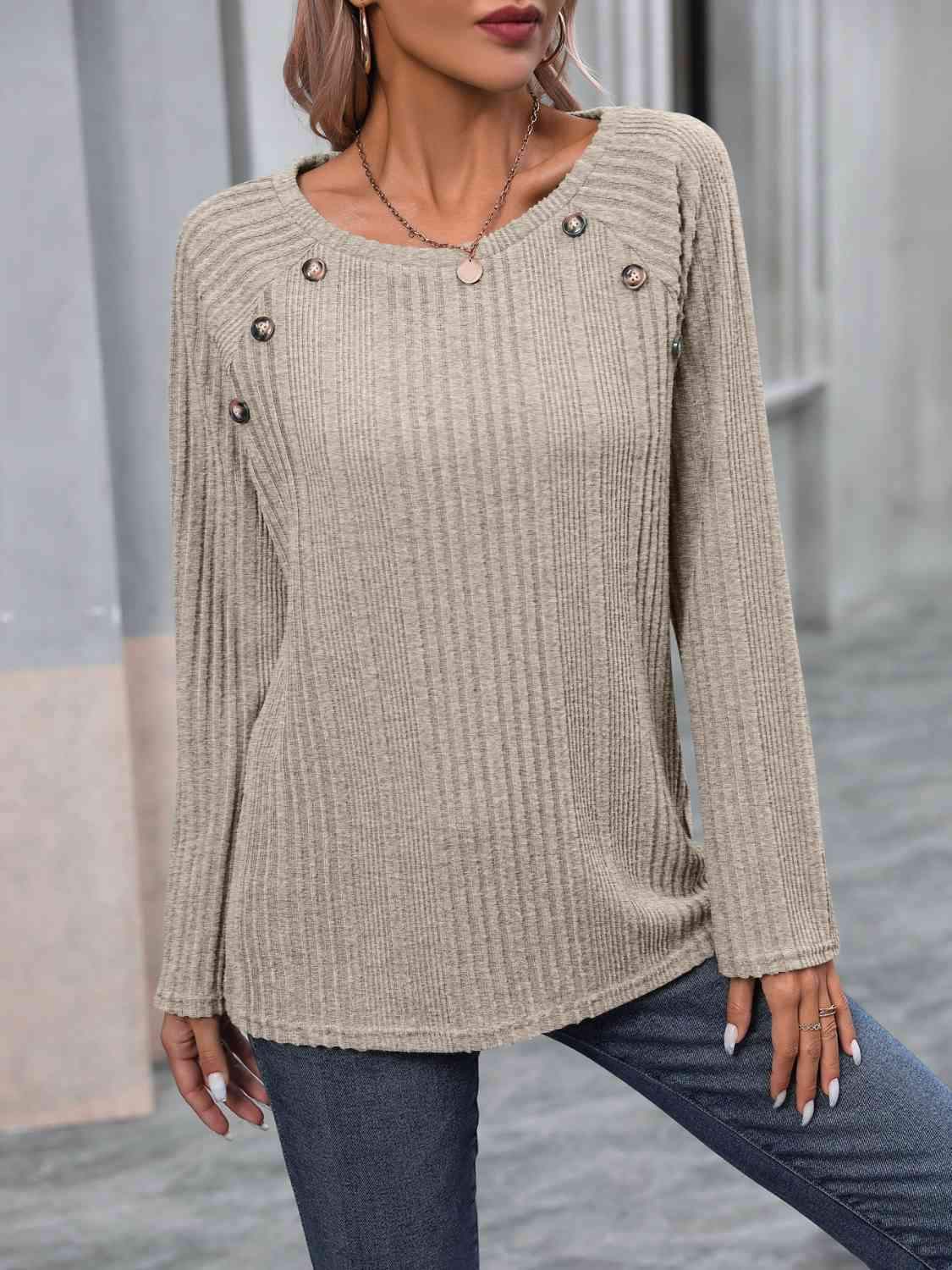 Ribbed Buttoned Round Neck Long Sleeve T-Shirt Dust Storm Women's T-Shirts - Tophatter Daily Deals