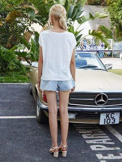 Tied Eyelet Round Neck Cap Sleeve T-Shirt Women's T-Shirts - Tophatter Daily Deals