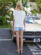 Tied Eyelet Round Neck Cap Sleeve T-Shirt Women's T-Shirts - Tophatter Daily Deals