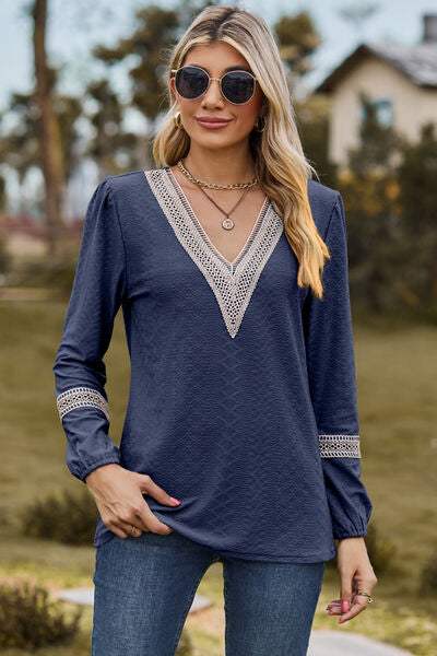 V-Neck Long Sleeve T-Shirt Peacock Blue Women's T-Shirts - Tophatter Daily Deals