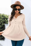 Button Front Waffle Knit Babydoll Top Apricot Blouses - Tophatter Daily Deals