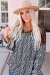 Animal Print Color Block V-Neck Flounce Sleeve Blouse Blouses - Tophatter Daily Deals