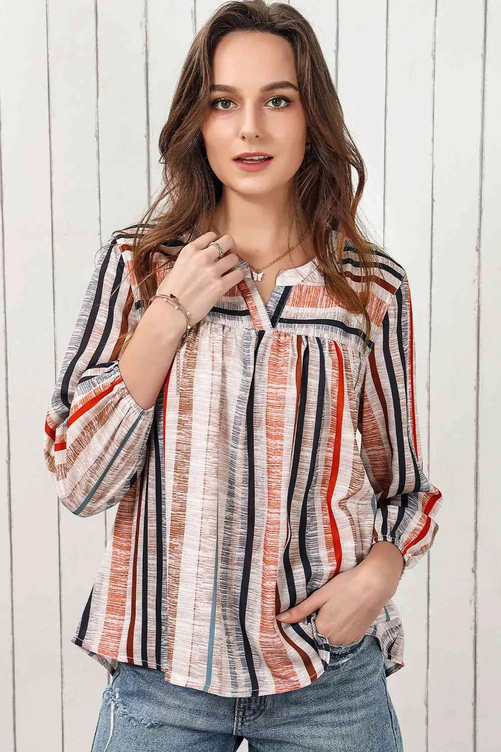 Multicolored Stripe Notched Neck Top Stripe Blouses - Tophatter Daily Deals