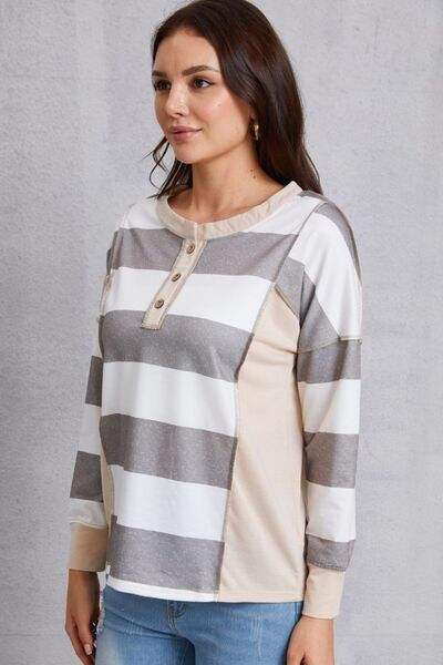 Striped Exposed Seam Buttoned T-Shirt Women's T-Shirts - Tophatter Daily Deals