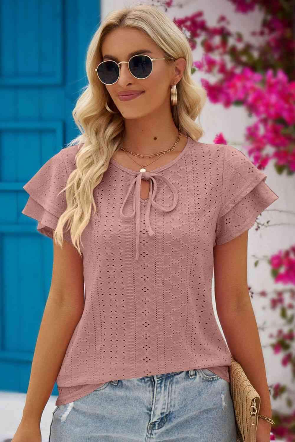 Eyelet Tie-Neck Flutter Sleeve Blouse Light Mauve Blouses - Tophatter Daily Deals