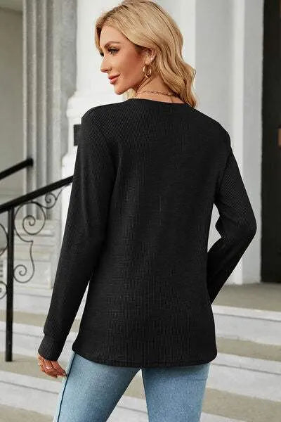 Waffle-Knit Notched Long Sleeve T-Shirt Women's T-Shirts - Tophatter Daily Deals