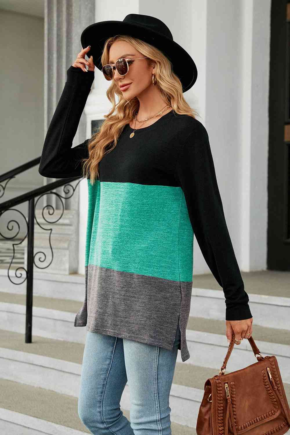 Color Block Round Neck Long Sleeve Slit T-Shirt Women's T-Shirts - Tophatter Daily Deals