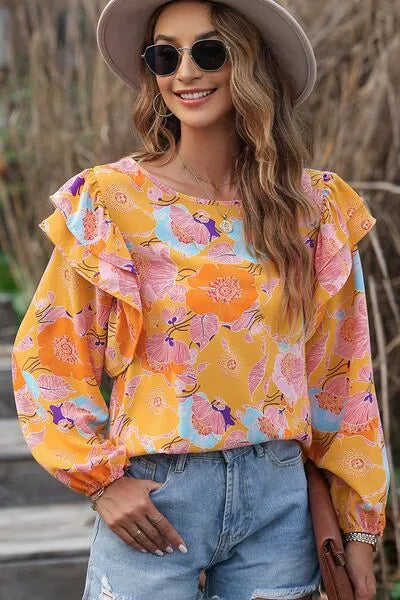 Floral Print Ruffle Puff Sleeve Blouse Blouses - Tophatter Daily Deals