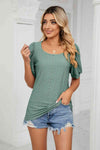 Eyelet Puff Sleeve Round Neck Top Green Blouses - Tophatter Daily Deals