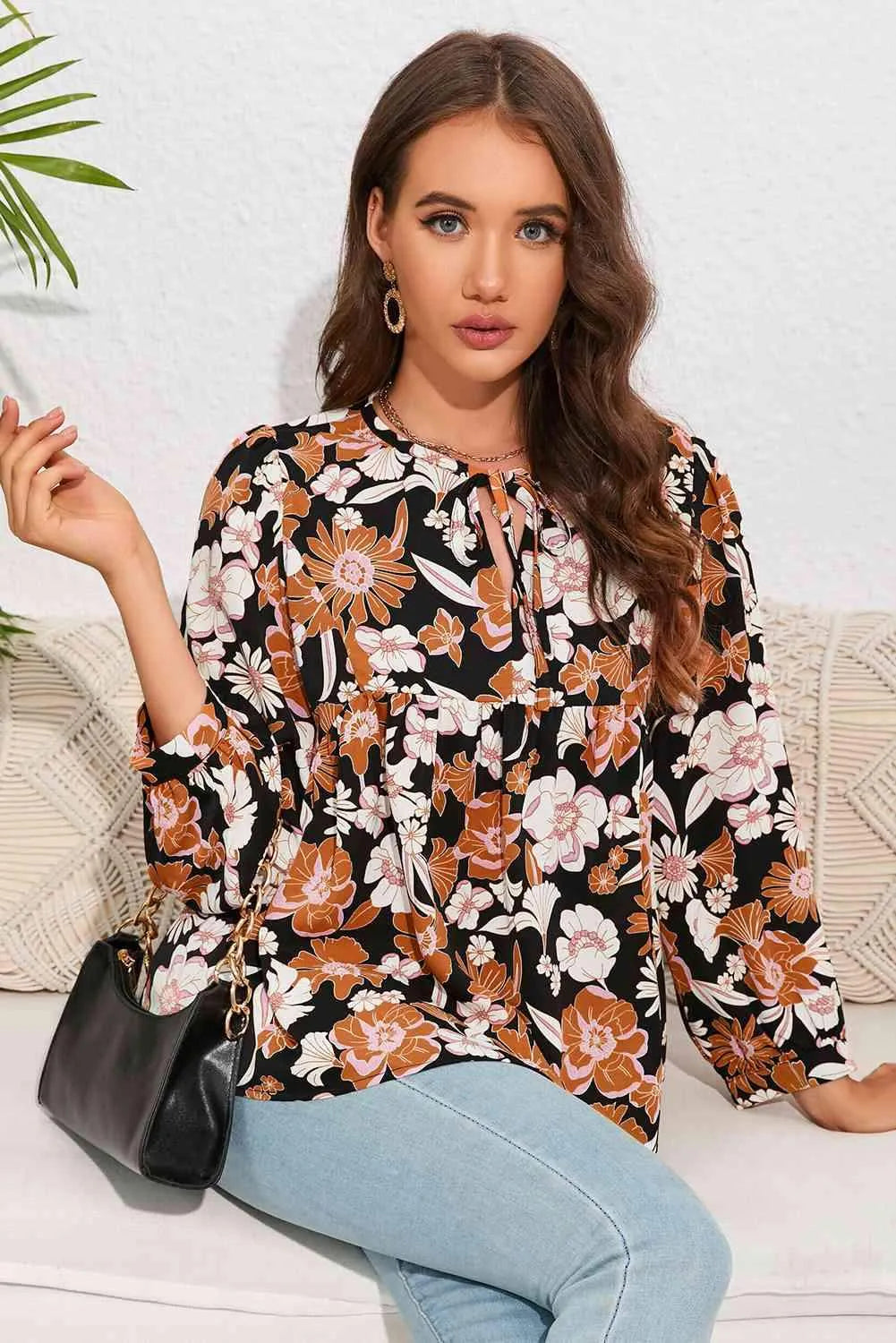 Floral Tie Neck Babydoll Blouse Blouses - Tophatter Daily Deals