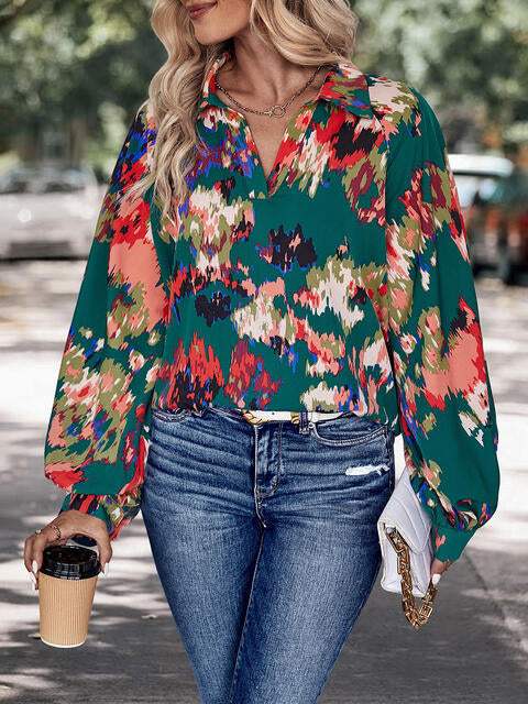 Printed Johnny Collar Long Sleeve Blouse Blouses - Tophatter Daily Deals