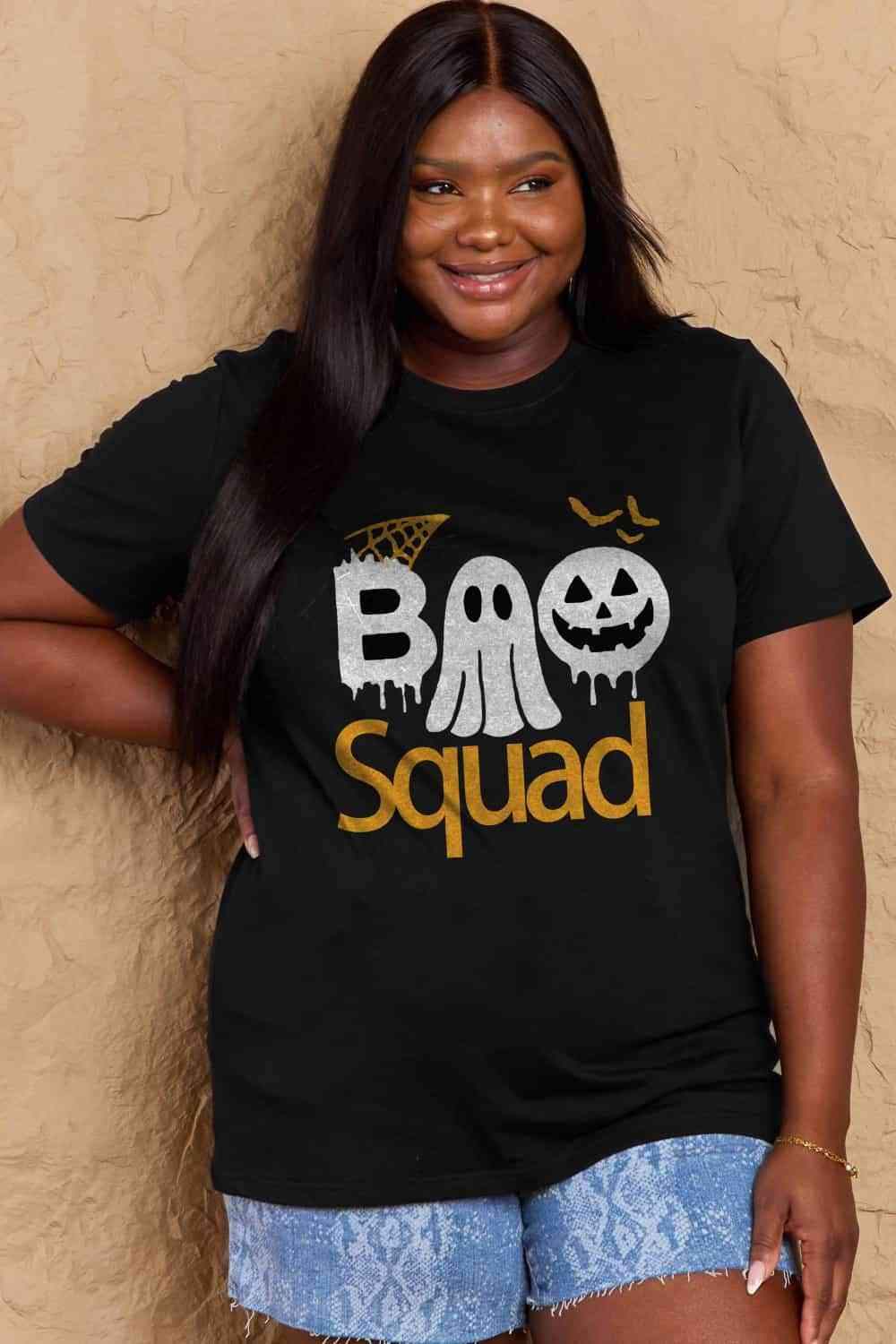 Simply Love Full Size BOO SQUAD Graphic Cotton T-Shirt Black Women's T-Shirts - Tophatter Daily Deals