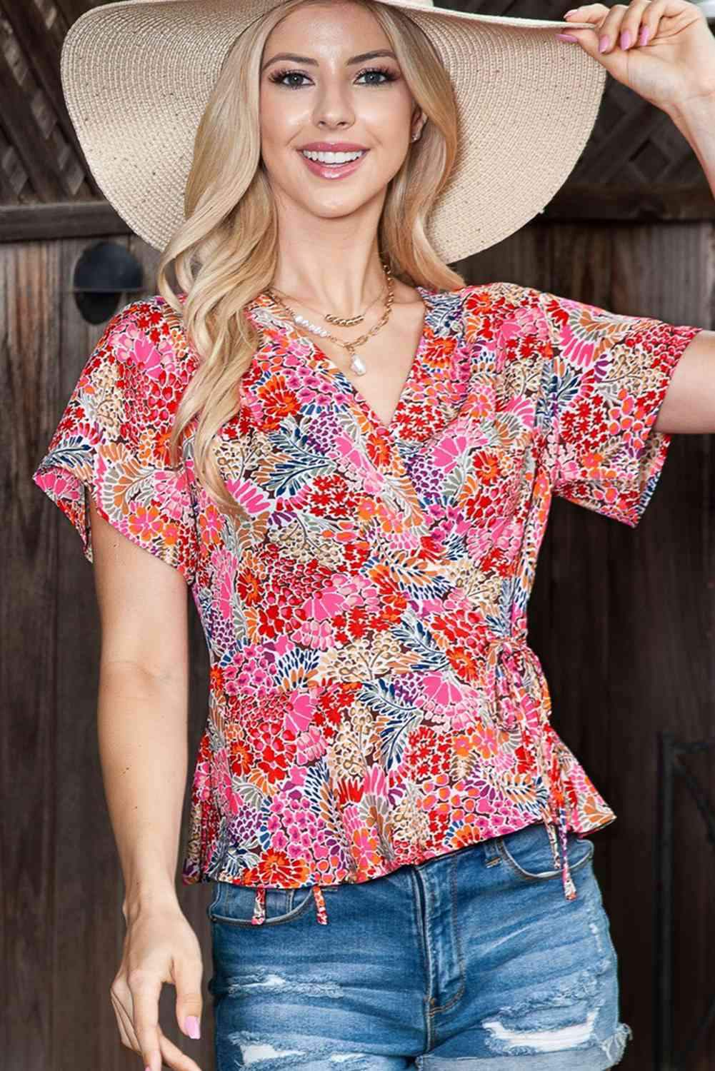 Printed Short Sleeve Tied Blouse Multicolor Blouses - Tophatter Daily Deals