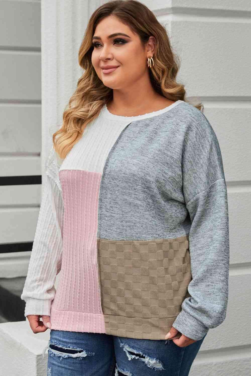 Plus Size Long Sleeve Color Block Top Blouses - Tophatter Daily Deals