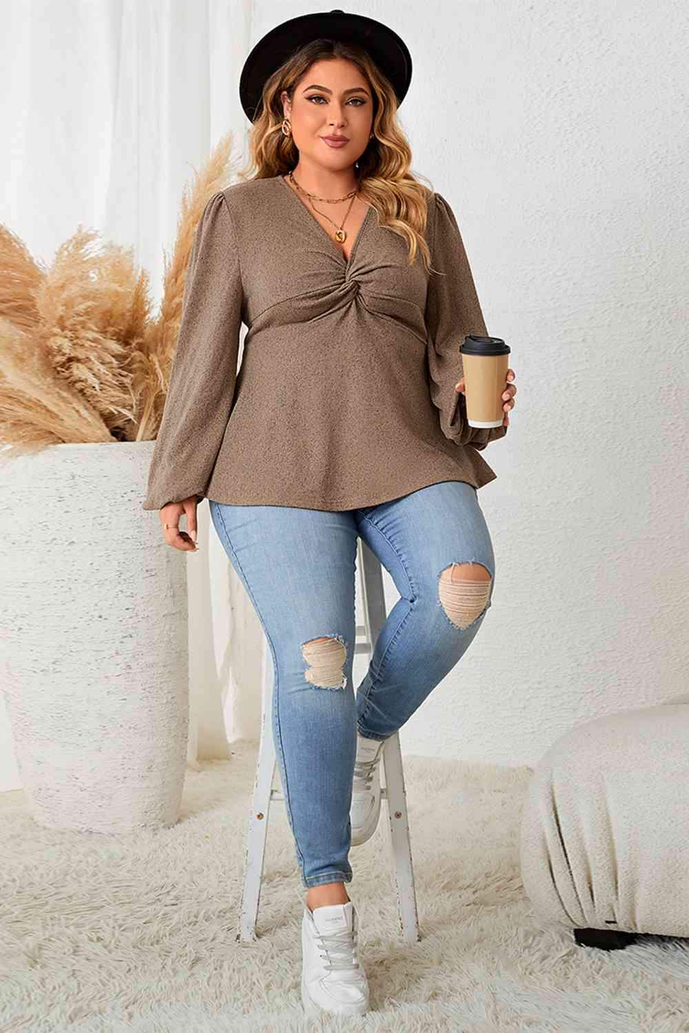 Plus Size Twist Front Balloon Sleeve Blouse Blouses - Tophatter Daily Deals