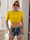 Drawstring Round Neck Short Sleeve T-Shirt Mustard Women's T-Shirts - Tophatter Daily Deals