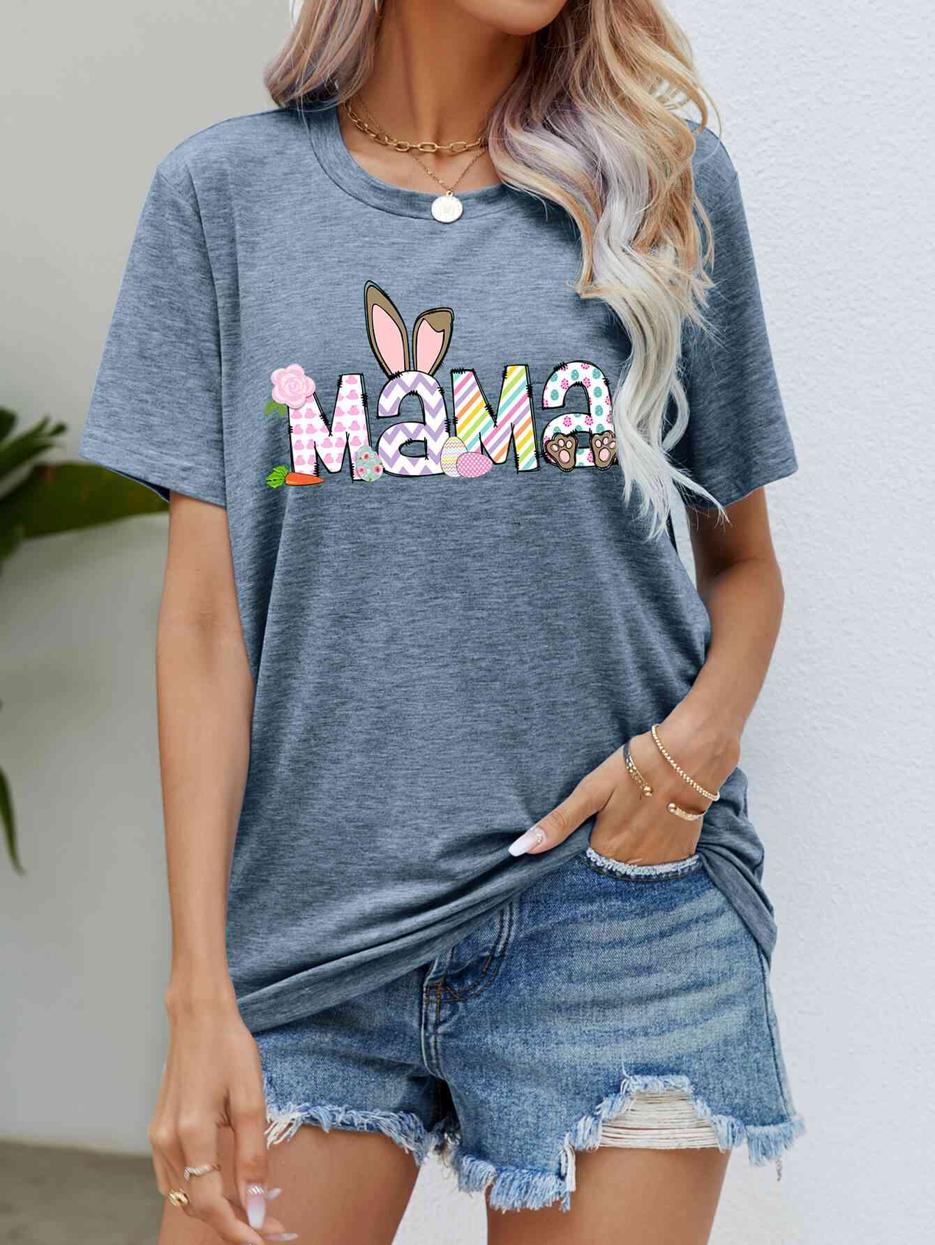 Easter MAMA Graphic Round Neck T-Shirt Misty Blue Women's T-Shirts - Tophatter Daily Deals