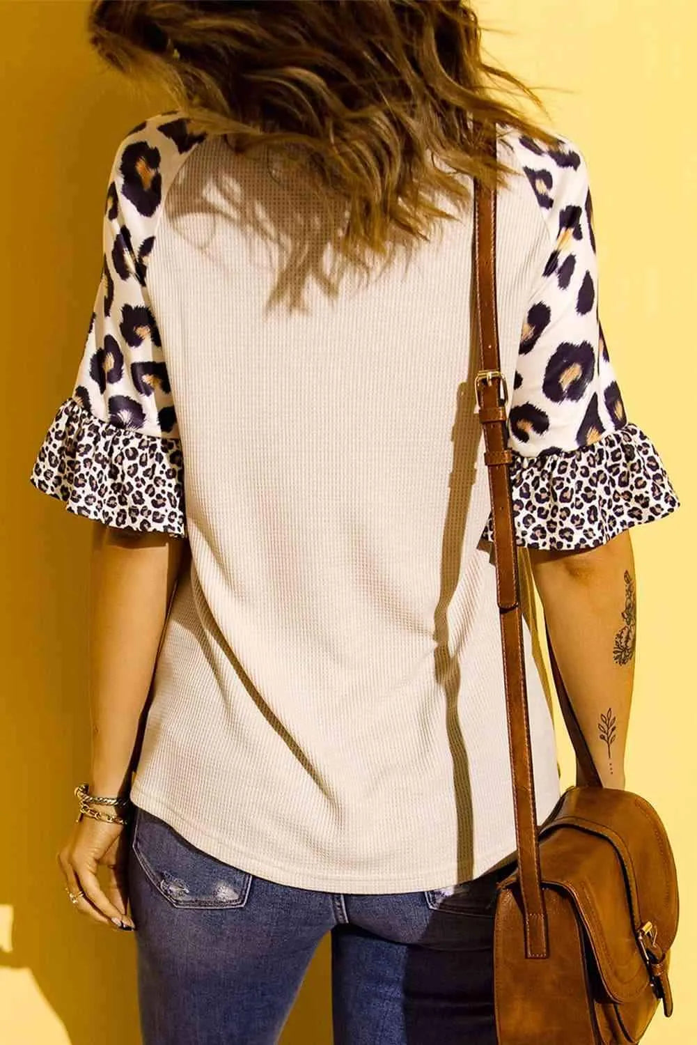 Easter Leopard Waffle-Knit Flounce Sleeve Top Women's T-Shirts - Tophatter Daily Deals