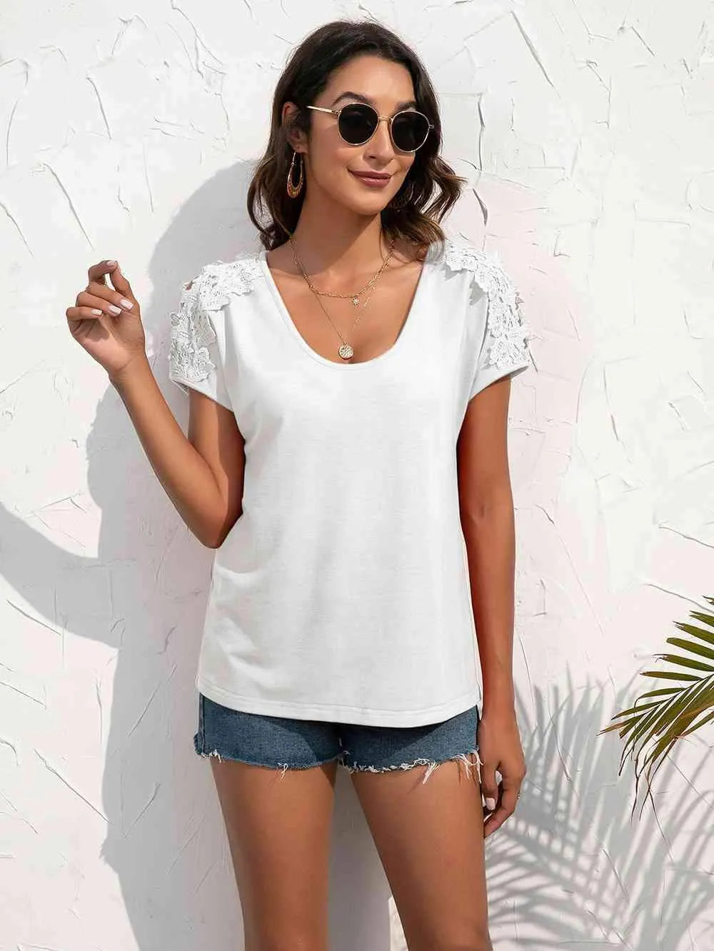 Spliced Lace Cold-Shoulder Blouse Blouses - Tophatter Daily Deals