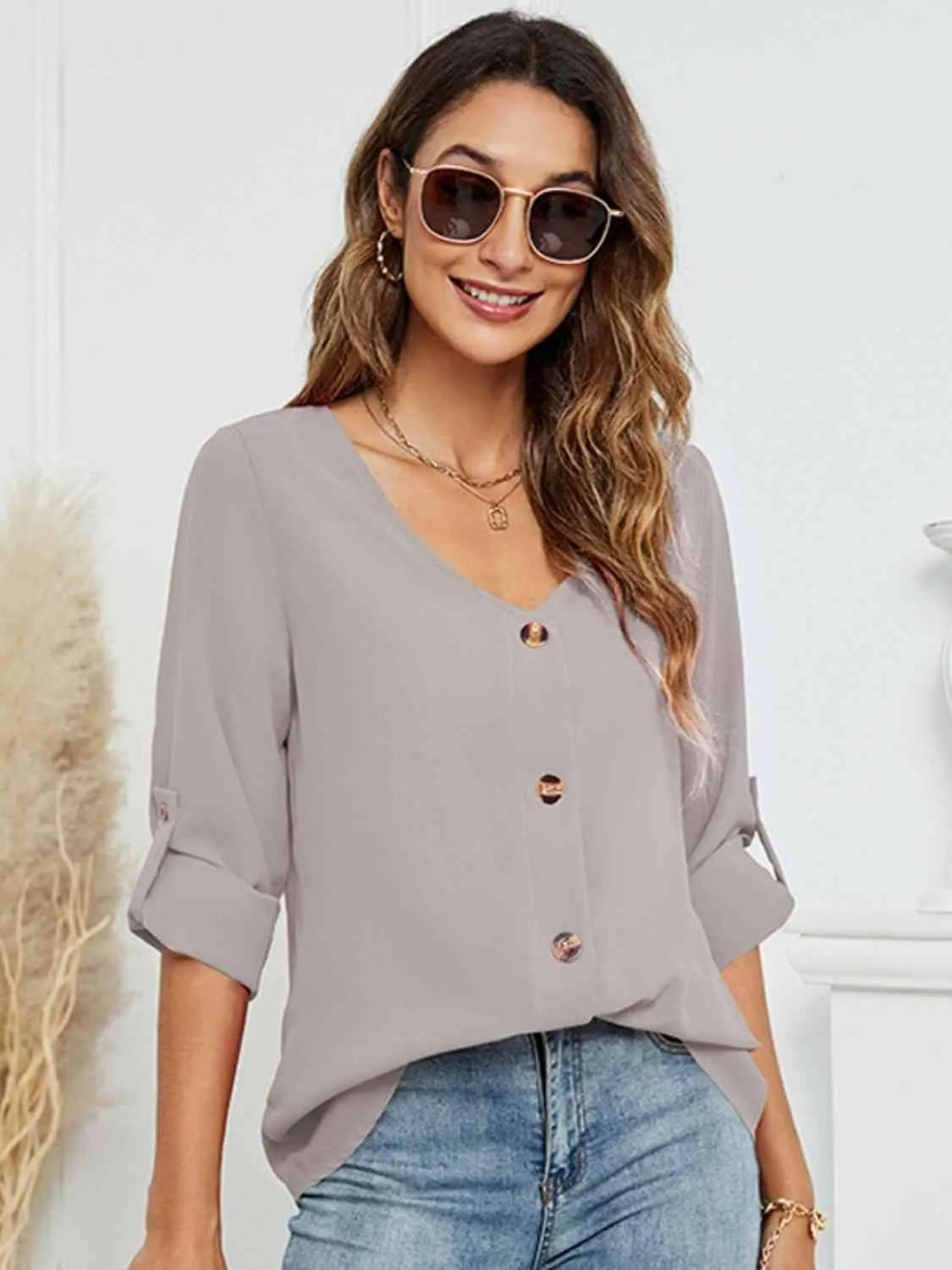 Roll-Tap Long Sleeve V-Neck Buttoned Blouse Light Gray Blouses - Tophatter Daily Deals