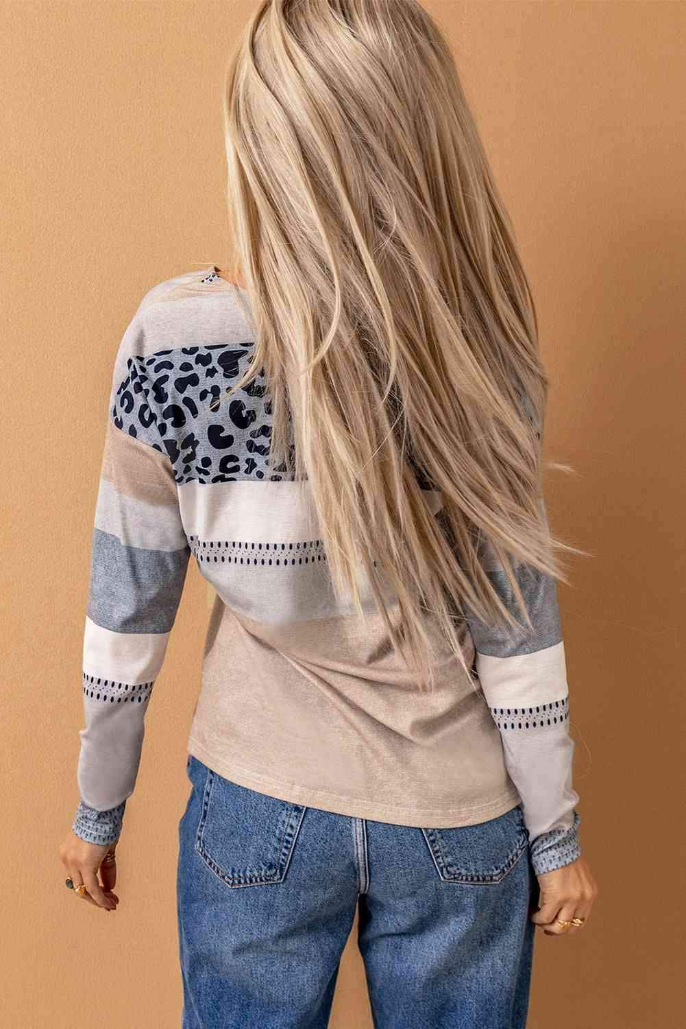 Leopard Color Block Drop Shoulder Top Women's T-Shirts - Tophatter Daily Deals