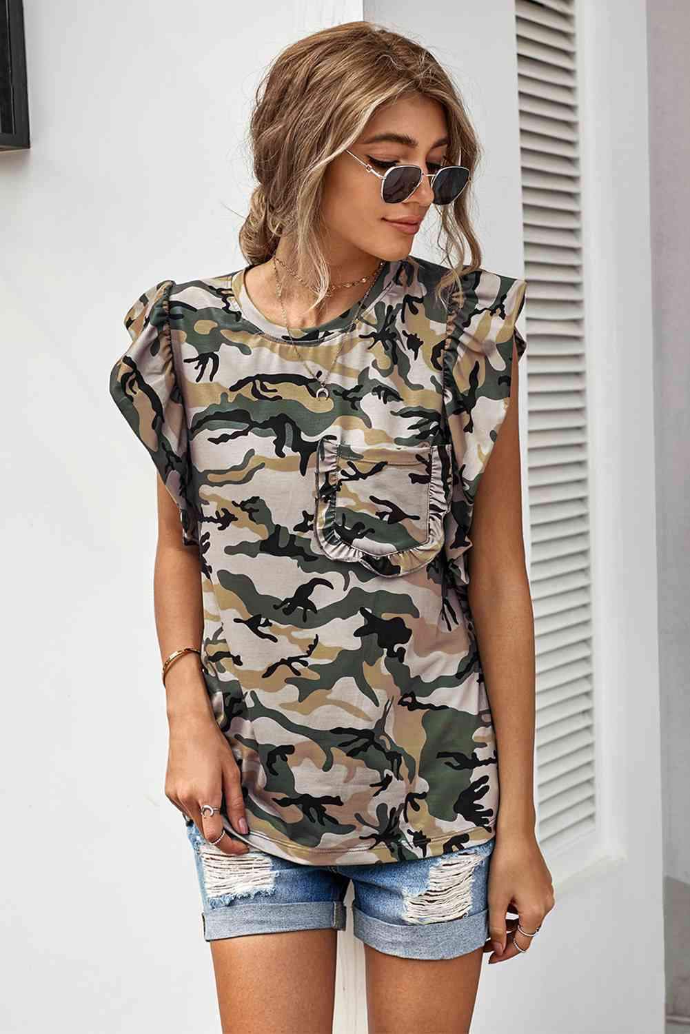 Camouflage Flutter Sleeve T-Shirt Green Cream Blouses - Tophatter Daily Deals